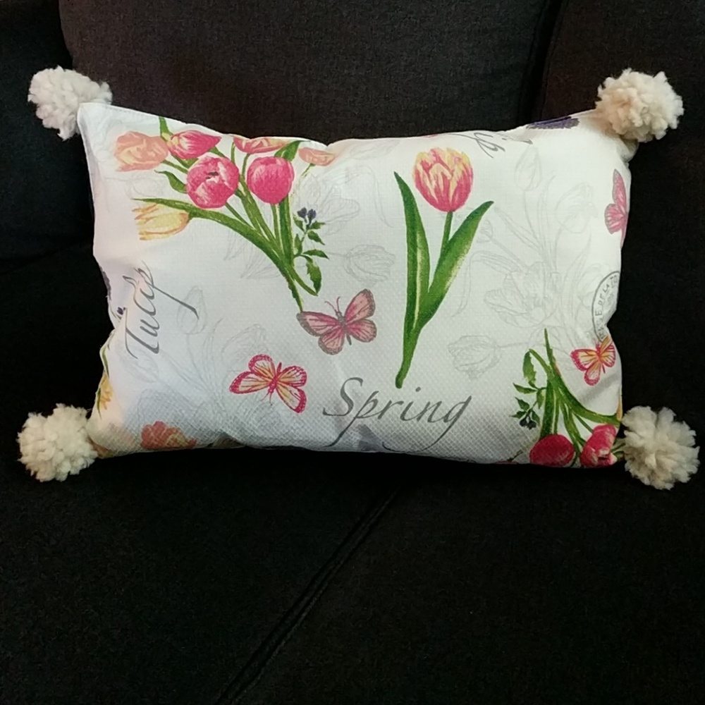 Bright spring pillow with pom poms!!